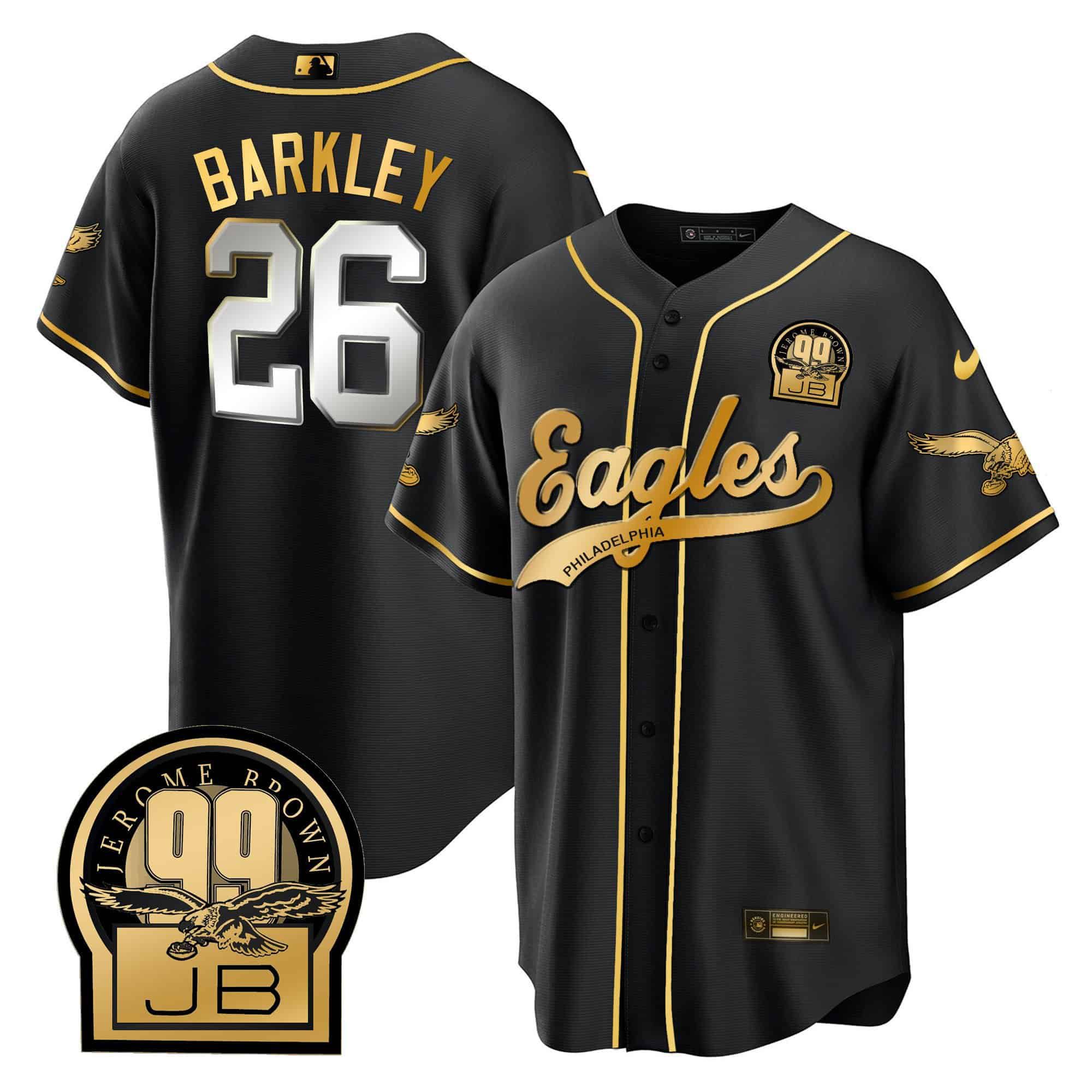 Men Philadelphia Eagles 26 Barkley Black 2024 Nike Jerome Brown Retired Patch Baseball NFL Jersey style 2